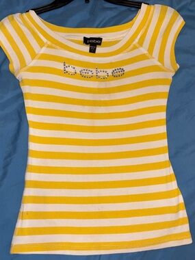 Y2K Rhinestone BEBE Logo 💛Yellow💛 and White Striped Shirt -as is